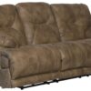 Voyager - Fabric Power Lay Flat Reclining Sofa With 3 Recliners And Drop Down Table - Brandy