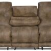 Voyager - Fabric Power Lay Flat Reclining Sofa With 3 Recliners And Drop Down Table - Brandy