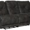 Voyager - Fabric Power Lay Flat Reclining Sofa With 3 Recliners And Drop Down Table - Slate