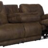 Voyager - Fabric Power Lay Flat Reclining Sofa With 3 Recliners And Drop Down Table - Elk
