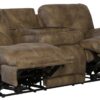 Voyager - Fabric Power Lay Flat Reclining Sofa With 3 Recliners And Drop Down Table - Brandy