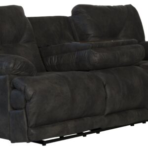 Voyager - Fabric Power Lay Flat Reclining Sofa With 3 Recliners And Drop Down Table - Slate