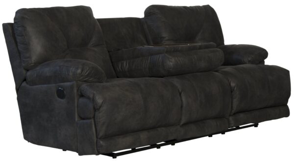 Voyager - Fabric Power Lay Flat Reclining Sofa With 3 Recliners And Drop Down Table - Slate
