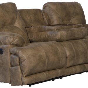 Voyager - Fabric Power Lay Flat Reclining Sofa With 3 Recliners And Drop Down Table - Brandy