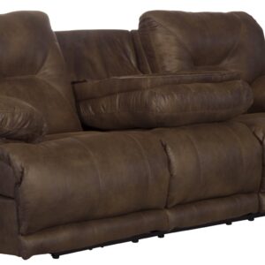 Voyager - Fabric Power Lay Flat Reclining Sofa With 3 Recliners And Drop Down Table - Elk