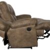 Voyager - Fabric Power Lay Flat Reclining Sofa With 3 Recliners And Drop Down Table - Brandy