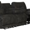 Voyager - Fabric Power Lay Flat Reclining Sofa With 3 Recliners And Drop Down Table - Slate