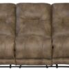 Voyager - Fabric Power Lay Flat Reclining Sofa With 3 Recliners And Drop Down Table - Brandy