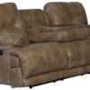 Voyager - Fabric Power Lay Flat Reclining Sofa With 3 Recliners And Drop Down Table - Brandy