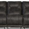 Voyager - Fabric Lay Flat Reclining Sofa With 3 Recliners And Drop Down Table - Slate