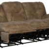 Voyager - Fabric Power Lay Flat Reclining Sofa With 3 Recliners And Drop Down Table - Brandy