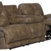 Voyager - Fabric Power Lay Flat Reclining Sofa With 3 Recliners And Drop Down Table - Brandy