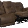 Voyager - Fabric Power Lay Flat Reclining Sofa With 3 Recliners And Drop Down Table - Elk
